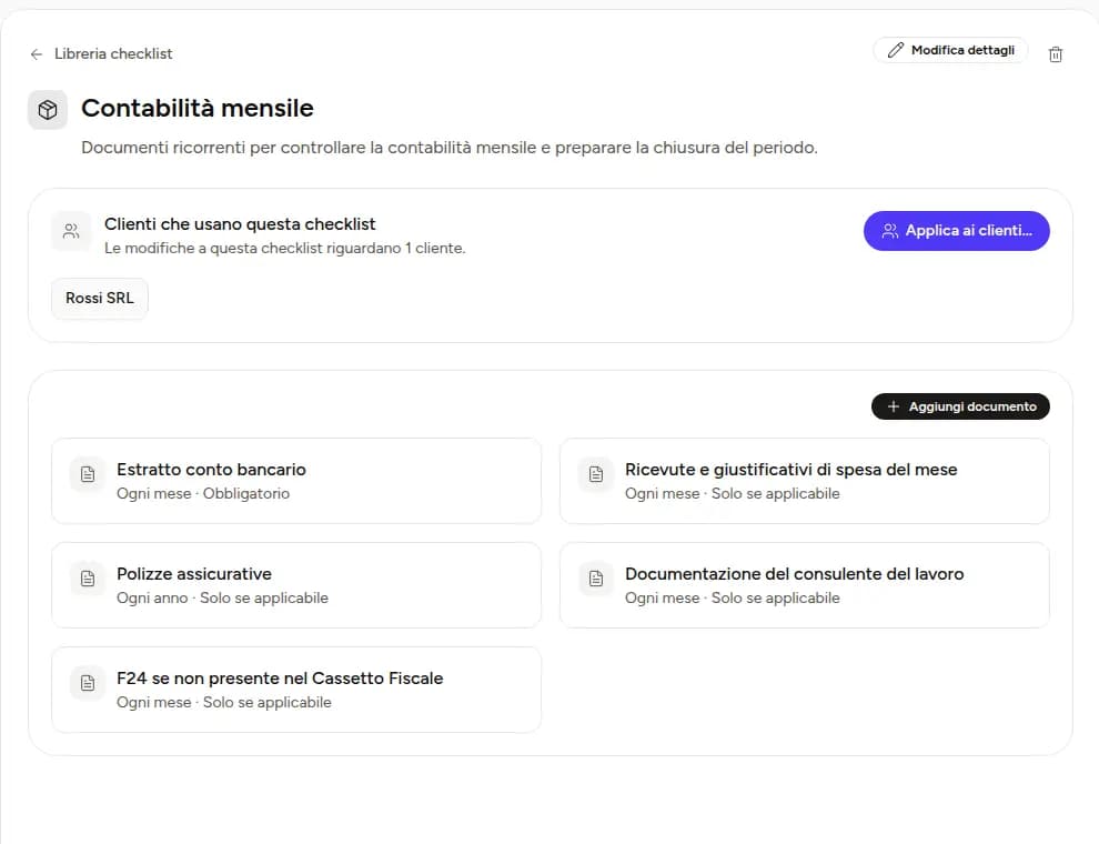 Checklist mensile di Rossi SRL con documenti obbligatori e documenti applicabili
